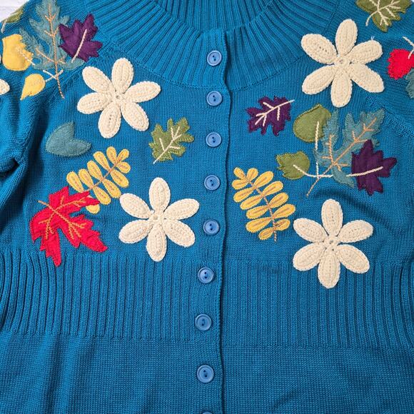Teal Blue Green Fall Applique Cardigan by Classic Elements Ribbed Waist size XL - Picture 11 of 13